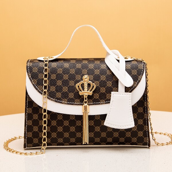 

Tassel Decor All Over Print Square Bag, Multicolor