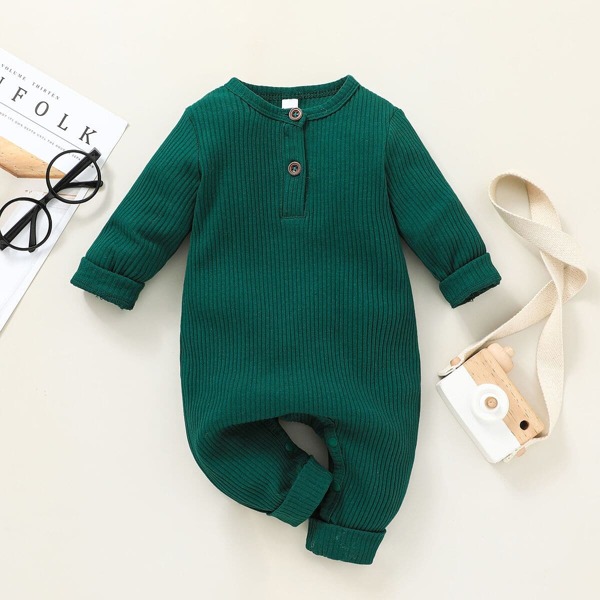 

Baby Unisex Half Button Jumpsuit, Dark green