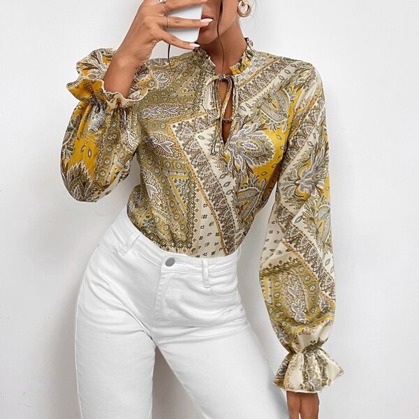 

Frill Neck Scarf Print Flounce Sleeve Blouse, Multicolor