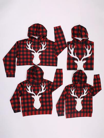 SHEIN Unity 1pc Gingham And Elk Print Crop Hoodie Pullover Fall