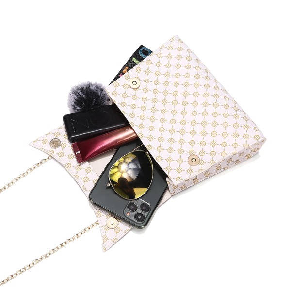 

Allover Print Pom Pom Decor Chain Satchel Bag, White