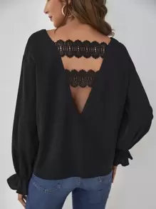 Blusa panel con encaje de manga con volante - Negro - Ver 1
