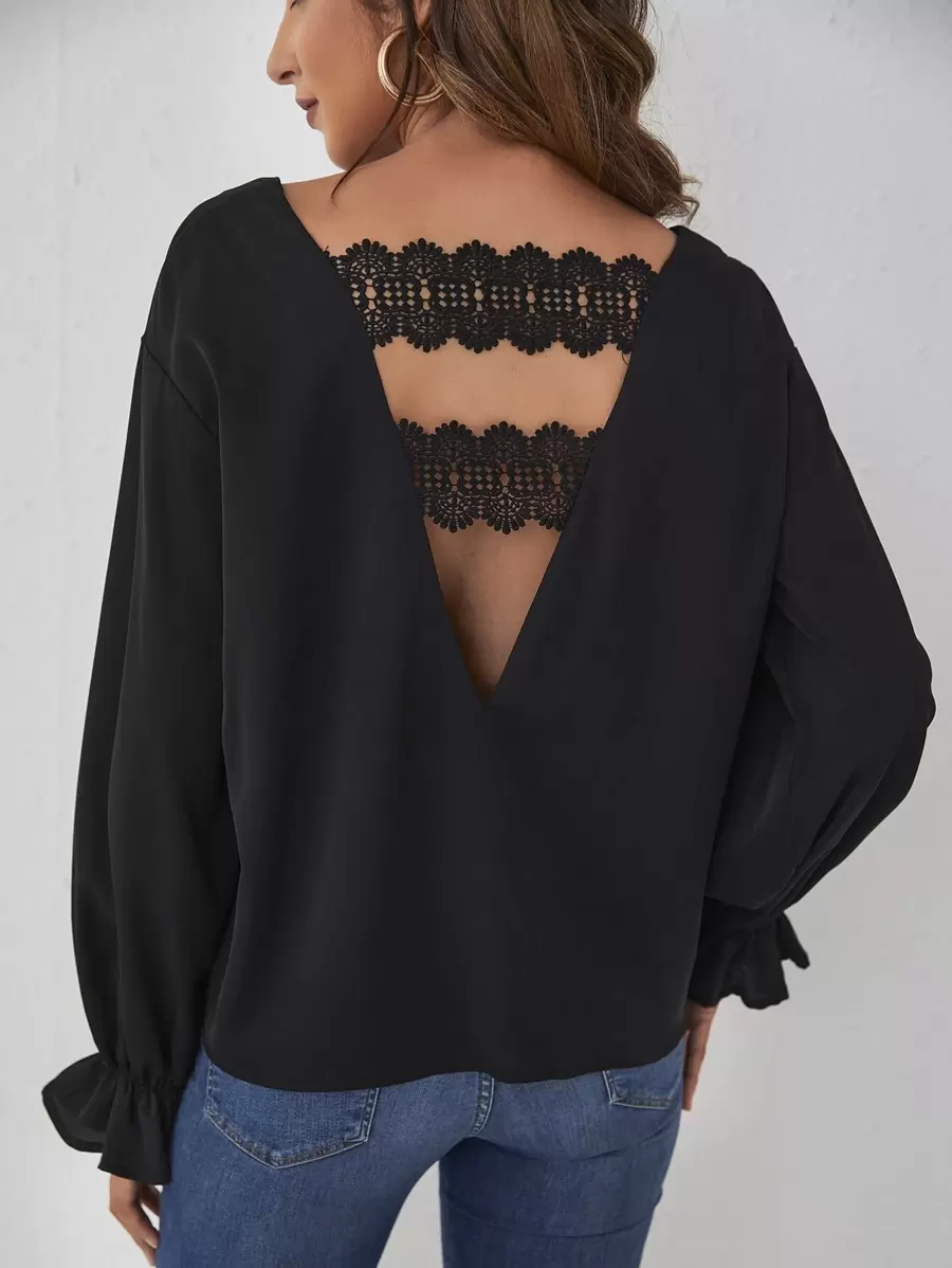 Blusa panel con encaje de manga con volante - Negro - Ver 1