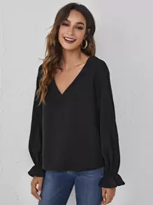Blusa panel con encaje de manga con volante - Negro - Ver 2