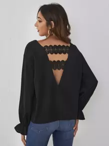 Blusa panel con encaje de manga con volante - Negro - Ver 3