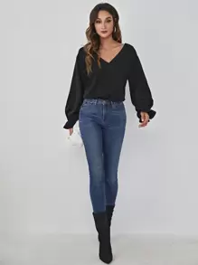 Blusa panel con encaje de manga con volante - Negro - Ver 4