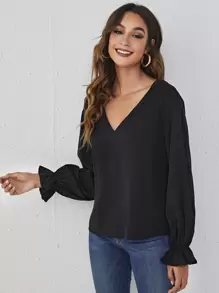 Blusa panel con encaje de manga con volante - Negro - Ver 5