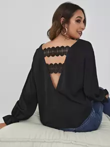 Blusa panel con encaje de manga con volante - Negro - Ver 6