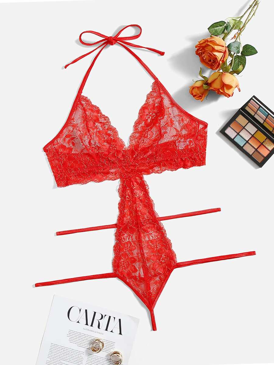 Plus Floral Lace Cut Out Teddy Bodysuit - Red - View 1