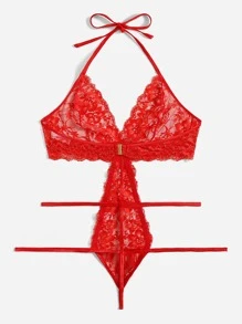 Plus Floral Lace Cut Out Teddy Bodysuit - Red - View 2