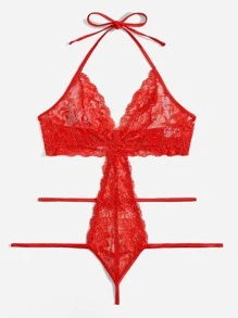 Plus Floral Lace Cut Out Teddy Bodysuit - Red - View 4