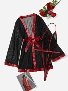 Plus Floral Lace Teddy Bodysuit With Mesh Robe - Black - View 1