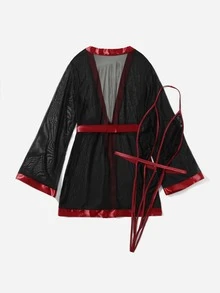 Plus Floral Lace Teddy Bodysuit With Mesh Robe - Black - View 2