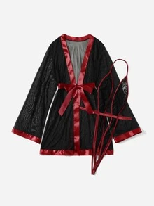 Plus Floral Lace Teddy Bodysuit With Mesh Robe - Black - View 3