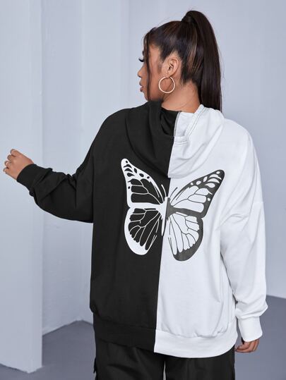 Plus Size Butterfly Print Color Block Drop Shoulder Kangaroo Pocket Drawstring Sweatshirt