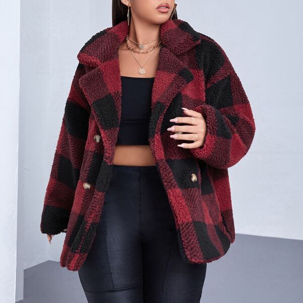 

Plus Buffalo Plaid Double Breasted Drop Shoulder Teddy Coat, Multicolor