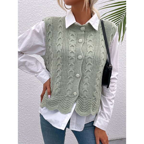 

Cable Knit Scallop Hem Vest Cardigan Without Blouse, Green