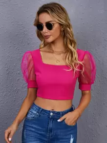 SHEIN Privé Top de manga farol de cuello cuadrado - Rosa Fucsia - Ver 1