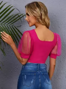 SHEIN Privé Top de manga farol de cuello cuadrado - Rosa Fucsia - Ver 2