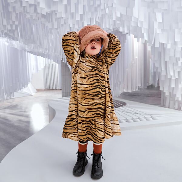 

Toddler Girls Tiger Striped Ruffle Hem Lantern Sleeve Chiffon Smock Dress, Multicolor