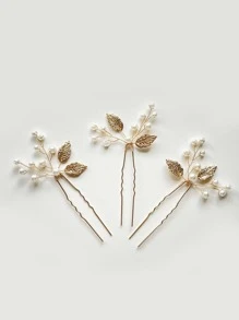 3pcs Pearl & Leaf Decor Elegant Hair Pin Boho Tiaras