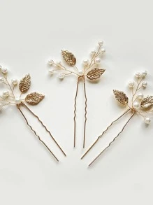3pcs Pearl & Leaf Decor Elegant Hair Pin Boho Tiaras
