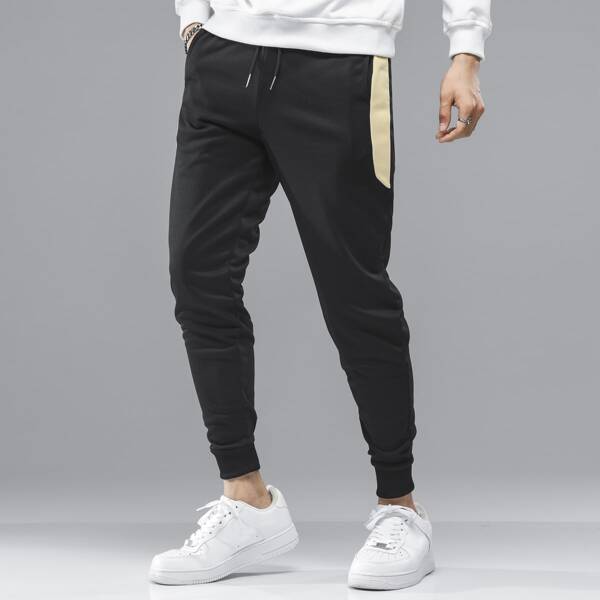 

Men Slant Pocket Contrast Side Seam Sweatpants, Black