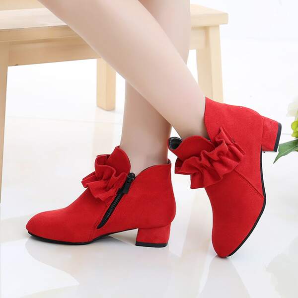 

Girls Flounce Trim Side Zipper Chunky Boots, Red
