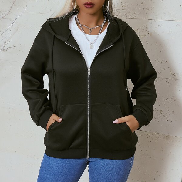 

Plus Zipper Front Slant Pocket Drawstring Hoodie, Black