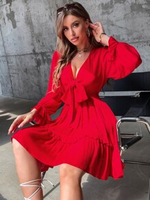 SHEIN Frenchy 胸部打結荷葉邊荷葉袖連衣裙 - 紅色 - 查看 3