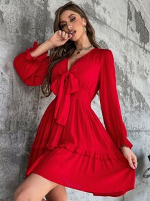 SHEIN Frenchy 胸部打結荷葉邊荷葉袖連衣裙 - 紅色 - 查看 4