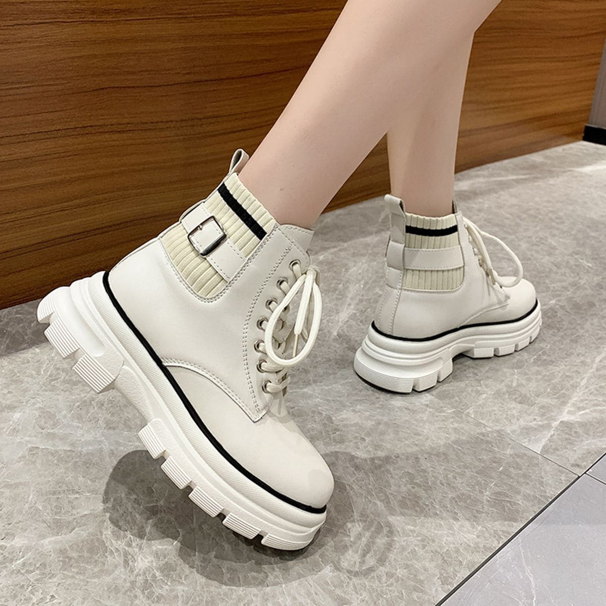 

Buckle Decor Combat Boots, Beige