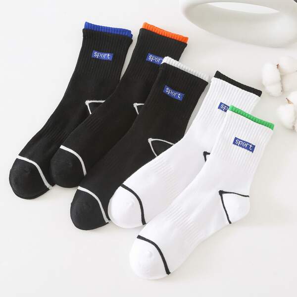 

5pairs Men Letter Graphic Crew Socks, Black and white