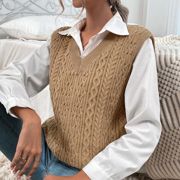 

Cable Knit Sweater Vest Without Blouse, Camel