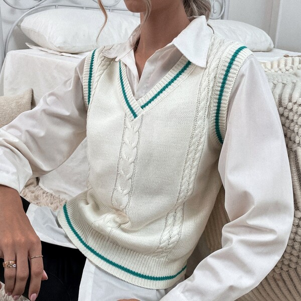 

Striped Trim Sweater Vest Without Blouse, Beige