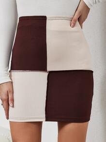 High Waist Two Tone Top-stitching Bodycon Skirt - Multicolor - View 1