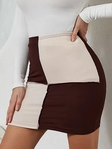 High Waist Two Tone Top-stitching Bodycon Skirt - Multicolor - View 4