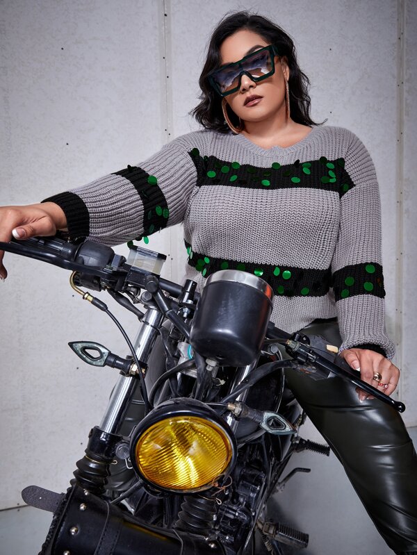 SHEIN Unity Plus Colour Block Sequin Insert Drop Shoulder Jumper