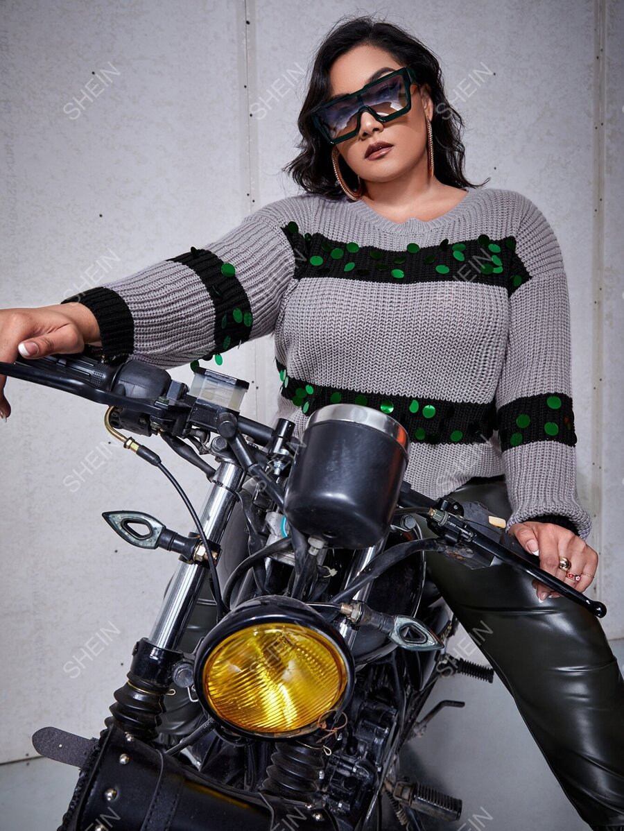 SHEIN Unity Suéter de punto con bloque de color, detalle de lentejuelas y hombros caídos, para otoño e invierno - Gris - Ver 1