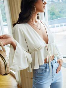 SHEIN VCAY Solid Deep V Lace-Up Ruffle Bell Sleeve Tie Front Summer Women Beach Shirt Peplum White Top