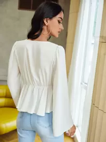 SHEIN VCAY Solid Deep V Lace-Up Ruffle Bell Sleeve Tie Front Summer Women Beach Shirt Peplum White Top