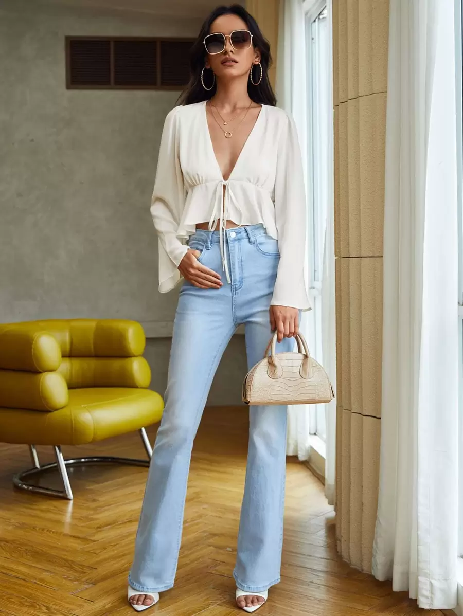 Black Top With Wide Bell Sleeves With Ruffle Hem And Front Tie - Beige - View 1