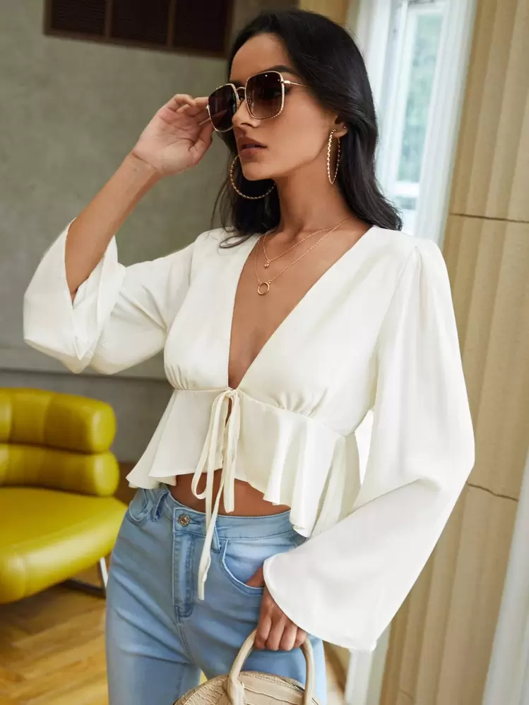 SHEIN VCAY Solid Deep V Lace-Up Ruffle Bell Sleeve Tie Front Summer Women Beach Shirt Peplum White Top - Beige - View 4