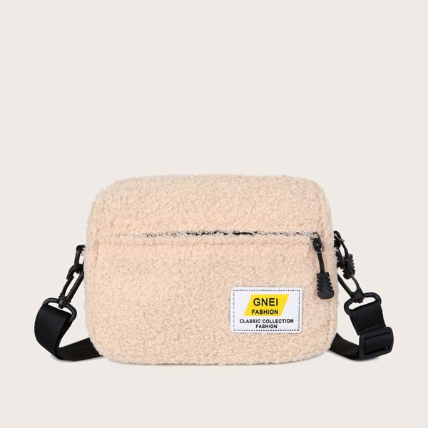 

Letter Patch Fluffy Crossbody Bag, Khaki