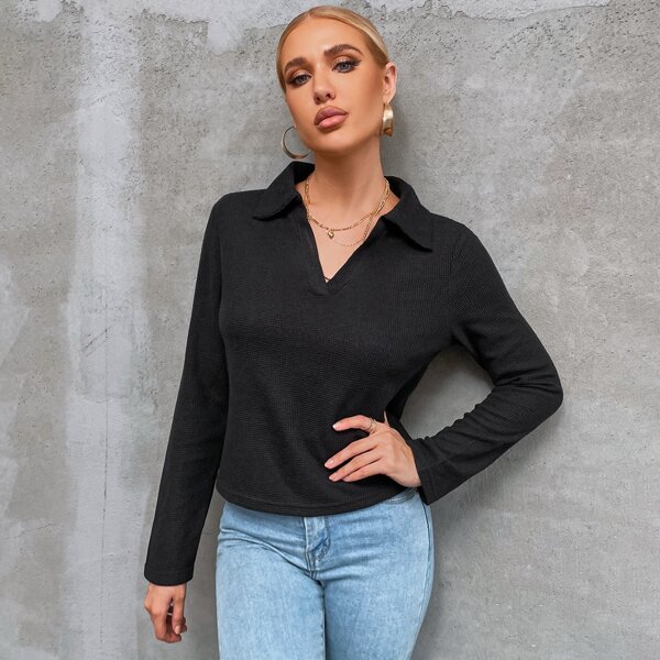 

Solid Collared Waffle Knit Top, Black
