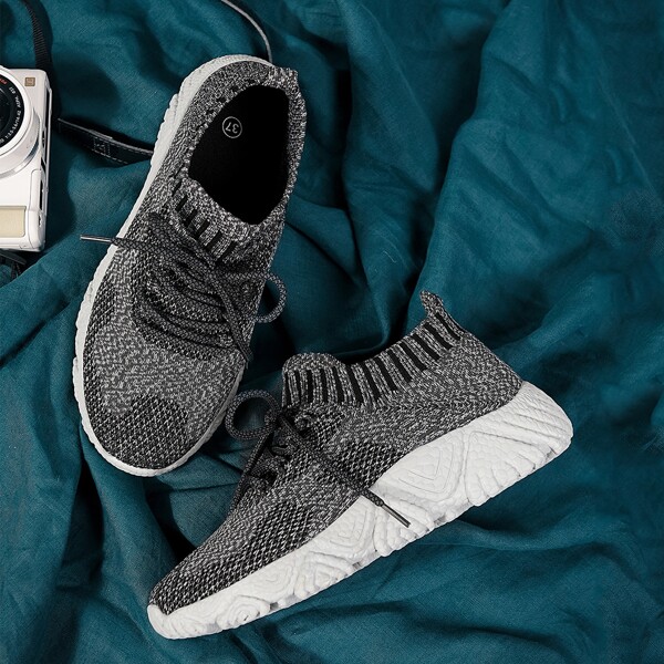 

Knit Detail Lace-up Front Running Shoes, Grey
