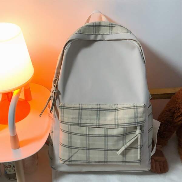 

Minimalist Plaid Pattern Backpack, Khaki