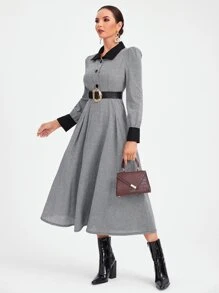 SHEIN Đầm Nút phía trước Khối Màu Thanh lịch - Xám - Xem 1