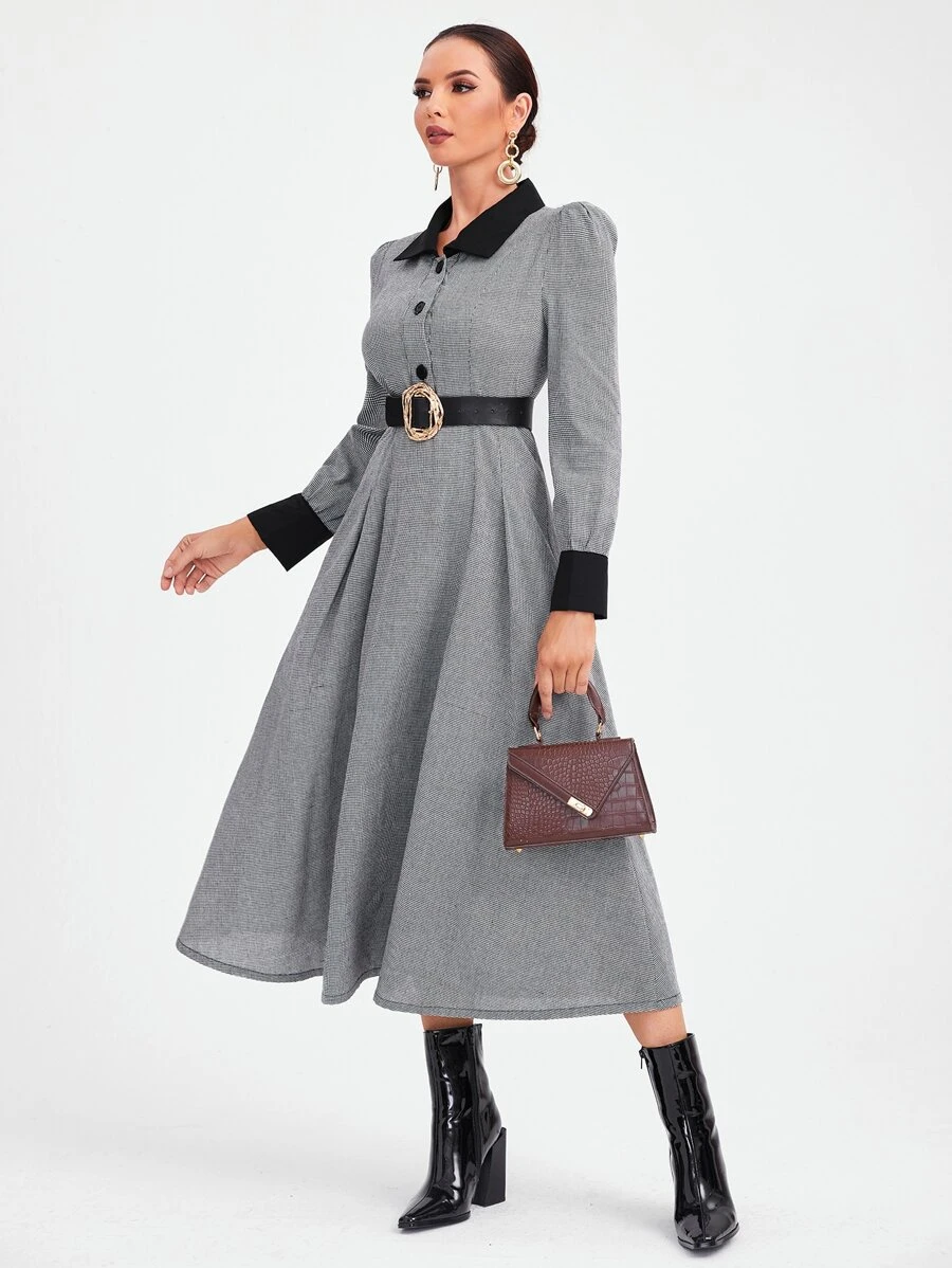 SHEIN Đầm Nút phía trước Khối Màu Thanh lịch - Xám - Xem 1