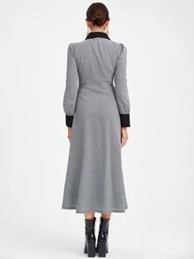 SHEIN Đầm Nút phía trước Khối Màu Thanh lịch - Xám - Xem 2